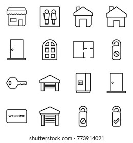 Thin line icon set : shop, wc, home, door, arch window, plan, do not distrub, key, garage, fridge, welcome mat, please clean