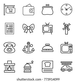 Thin line icon set : shop signboard, wallet, purse, clock, abacus, bow, tv, windmill, phone, anchor, service bell, fireplace, hand mill, cooking book, car wash