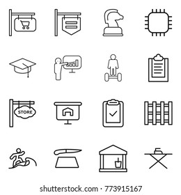 Thin line icon set : shop signboard, chess horse, chip, graduate hat, presentation, hoverboard, clipboard, store, check, pallet, surfer, cutting board, utility room, iron