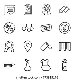 Thin line icon set : shop signboard, report, medal, up down arrow, percent, sale, ticket, info, geo pin, label, bar code, trailer, pear, handle washing, do not distrub