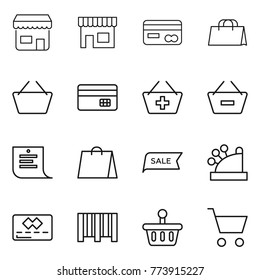 Thin line icon set : shop, card, shopping bag, basket, credit, add to, remove from, list, sale, cashbox, bar code, cart