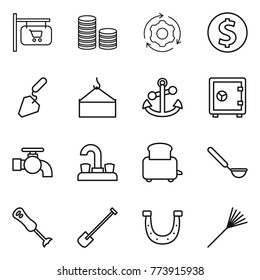 Thin line icon set : shop signboard, coin stack, around gear, dollar, construction, loading crane, anchor, safe, water tap, toaster, ladle, blender, shovel, horseshoe, rake