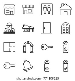 Thin line icon set : shop, wc, home, mansion, house with garage, door, arch window, plan, key, do not distrub, bell, please clean