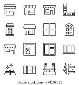 Thin line icon set : shop, mansion, building, window, arch, flower in, clean floor, skysrcapers cleaning, skyscrapers
