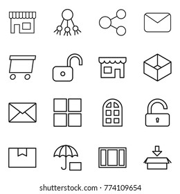Thin line icon set : shop, share, mail, delivery, unlock, box, window, arch, package, insurance
