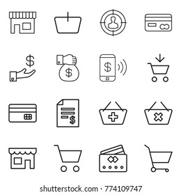 Thin line icon set : shop, basket, target audience, card, investment, money gift, phone pay, add to cart, credit, account balance, delete