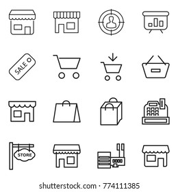 Thin line icon set : shop, target audience, presentation, sale, cart, add to, remove from basket, shopping bag, cashbox, store signboard, mall