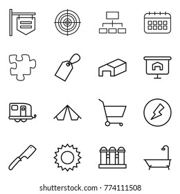 Thin line icon set : shop signboard, target, hierarchy, calendar, puzzle, label, warehouse, presentation, trailer, tent, cart, electricity, chef knife, sun, grain elevator, bath