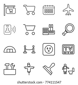 Thin line icon set : shop signboard, cart, calendar, plane, pass card, store, magnifier, hangare, vip fence, power socket, tv, repair tools, scarecrow, scraper, toilet cleaning