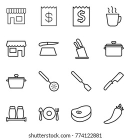 Thin line icon set : shop, receipt, hot drink, cutting board, stands for knives, pan, skimmer, spatula, chef knife, salt pepper, fork spoon plate, steake
