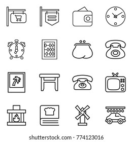 Thin line icon set : shop signboard, wallet, clock, alarm, abacus, purse, phone, photo, stool, tv, fireplace, cooking book, windmill, car wash