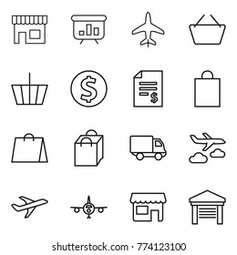 Thin line icon set : shop, presentation, plane, basket, dollar coin, account balance, shopping bag, delivery, journey, garage