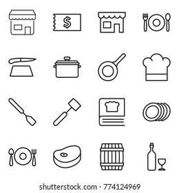 Thin line icon set : shop, receipt, cafe, cutting board, pan, cook hat, spatula, meat hammer, cooking book, plates, fork spoon plate, steake, barrel, wine