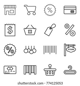 Thin line icon set : shop, cart, percent, credit card, receipt, delete, label, sale, bar code, store signboard, basket, hanger
