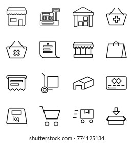 Thin line icon set : shop, cashbox, warehouse, add to basket, delete cart, shopping list, market, bag, atm receipt, cargo stoller, credit card, heavy, fast deliver, package