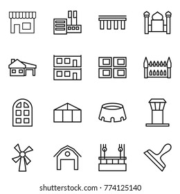 Thin line icon set : shop, store, bridge, minaret, house with garage, modular, panel, gothic architecture, arch window, greenhouse, stadium, airport tower, windmill, barn, skysrcapers cleaning