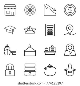 Thin line icon set : shop, target, crisis, dollar, graduate hat, scales, calculator, geo pin, port, loading crane, baggage checking, map, locked, double boiler, tomato, apron