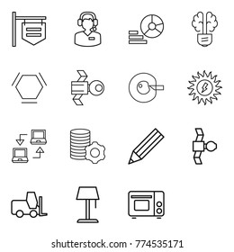 Thin line icon set : shop signboard, call center, diagram, bulb brain, hex molecule, satellite, cell corection, sun power, notebook connect, virtual mining, pencil, fork loader, floor lamp