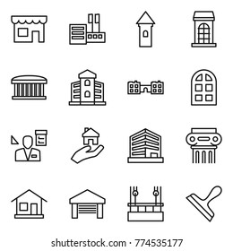 Thin line icon set : shop, store, tower, building, airport, school, arch window, architector, real estate, office, antique column, home, garage, skysrcapers cleaning, scraper