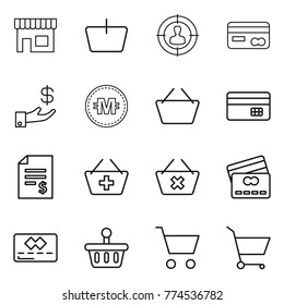 Thin line icon set : shop, basket, target audience, card, investment, crypto currency, credit, account balance, add to, delete cart
