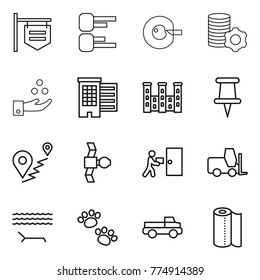 Thin line icon set : shop signboard, diagram, cell corection, virtual mining, chemical industry, houses, palace, pin, route, satellite, courier delivery, fork loader, lounger, pets, pickup