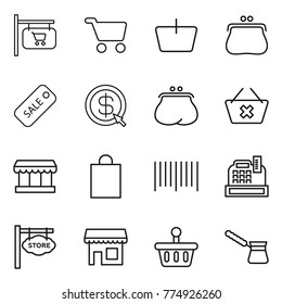 Thin line icon set : shop signboard, cart, basket, purse, sale, dollar arrow, delete, market, shopping bag, bar code, cashbox, store, turk