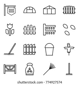 Thin line icon set : shop signboard, greenhouse, fence, perishable, watering, seeds, rake, bucket, scarecrow, farm, fertilizer