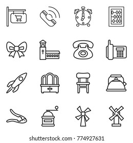 Thin line icon set : shop signboard, call, alarm clock, abacus, bow, church, phone, rocket, dresser, chair, kettle, walnut crack, hand mill, windmill