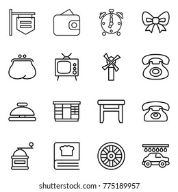 Thin line icon set : shop signboard, wallet, alarm clock, bow, purse, tv, windmill, phone, service bell, wardrobe, stool, hand mill, cooking book, wheel, car wash