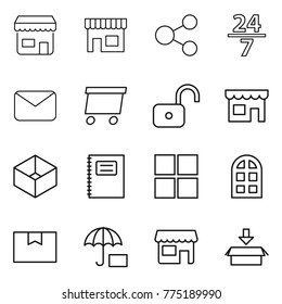 Thin line icon set : shop, share, 24 7, mail, delivery, unlock, box, copybook, window, arch, package, insurance