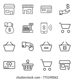 Thin line icon set : shop, card, investment, money gift, cashbox, phone pay, cart, basket, hand coin, remove from, delete, credit