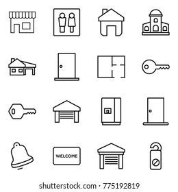 Thin line icon set : shop, wc, home, mansion, house with garage, door, plan, key, fridge, bell, welcome mat, do not distrub