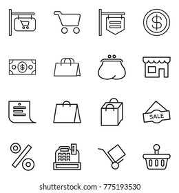 Thin line icon set : shop signboard, cart, dollar, money, shopping bag, purse, list, sale, percent, cashbox, trolley, basket