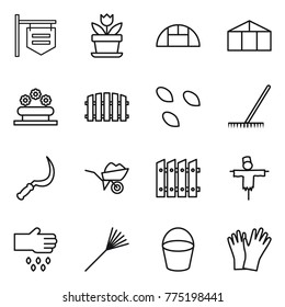 Thin line icon set : shop signboard, flower, greenhouse, bed, fence, seeds, rake, sickle, wheelbarrow, scarecrow, sow, bucket, gloves