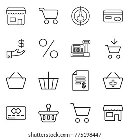 Thin line icon set : shop, cart, target audience, card, investment, percent, cashbox, add to, basket, account balance, credit