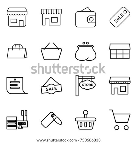 thin line icon set : shop, wallet, sale, shopping bag, basket, purse, market, list, store signboard, mall, label, cart