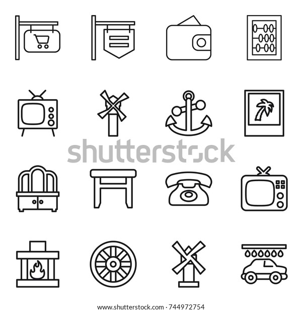 thin line icon set : shop signboard, wallet, abacus,\
tv, windmill, anchor, photo, dresser, stool, phone, fireplace,\
wheel, car wash