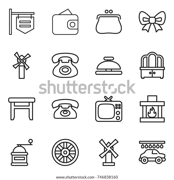 thin line icon set : shop signboard,\
wallet, purse, bow, windmill, phone, service bell, dresser, stool,\
tv, fireplace, hand mill, wheel, car\
wash