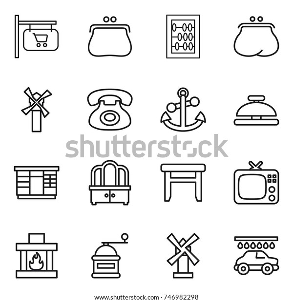 thin line icon set : shop signboard,\
purse, abacus, windmill, phone, anchor, service bell, wardrobe,\
dresser, stool, tv, fireplace, hand mill, car\
wash