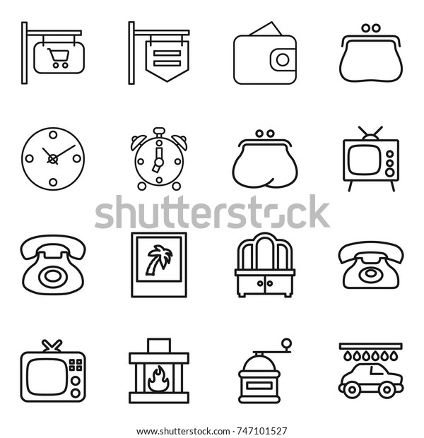 thin line icon set : shop signboard, wallet, purse,\
clock, alarm, tv, phone, photo, dresser, fireplace, hand mill, car\
wash