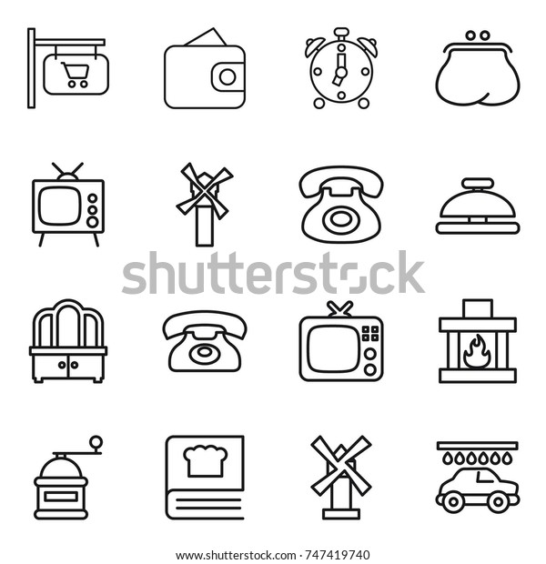thin line icon set : shop
signboard, wallet, alarm clock, purse, tv, windmill, phone, service
bell, dresser, fireplace, hand mill, cooking book, car
wash