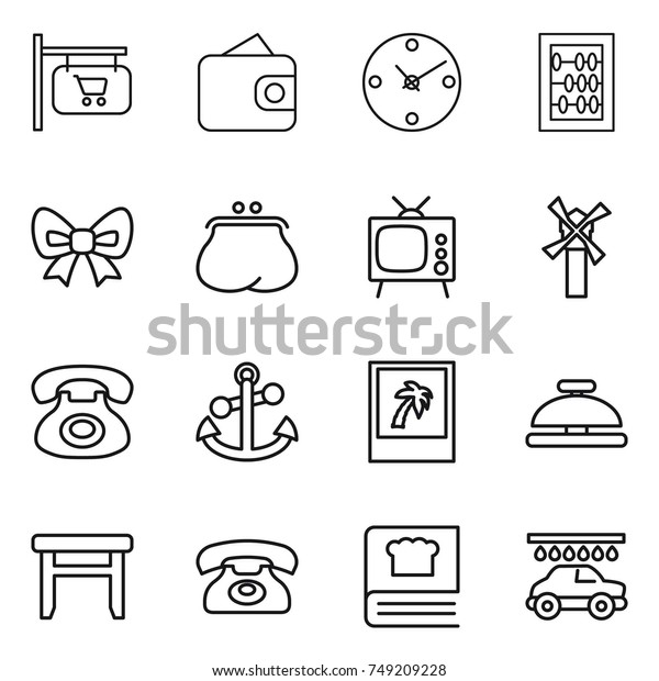 thin line icon set : shop signboard,
wallet, clock, abacus, bow, purse, tv, windmill, phone, anchor,
photo, service bell, stool, cooking book, car
wash