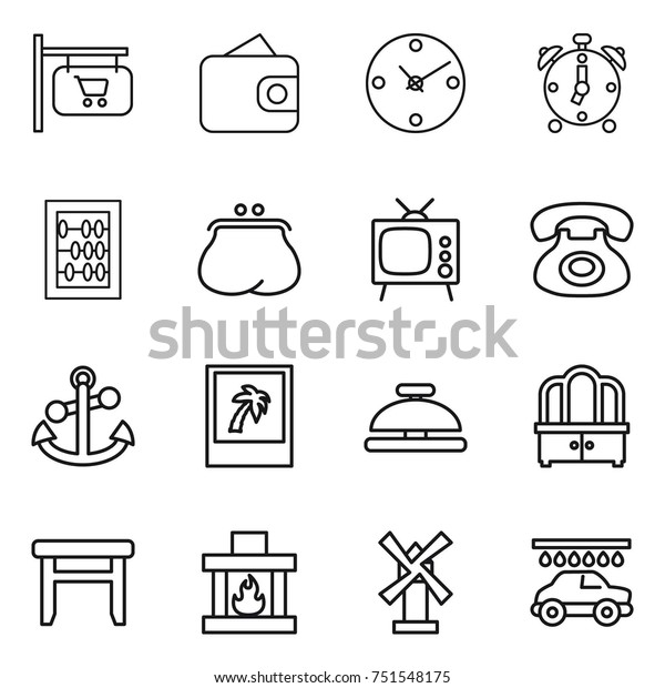 thin line icon set : shop\
signboard, wallet, clock, alarm, abacus, purse, tv, phone, anchor,\
photo, service bell, dresser, stool, fireplace, windmill, car\
wash