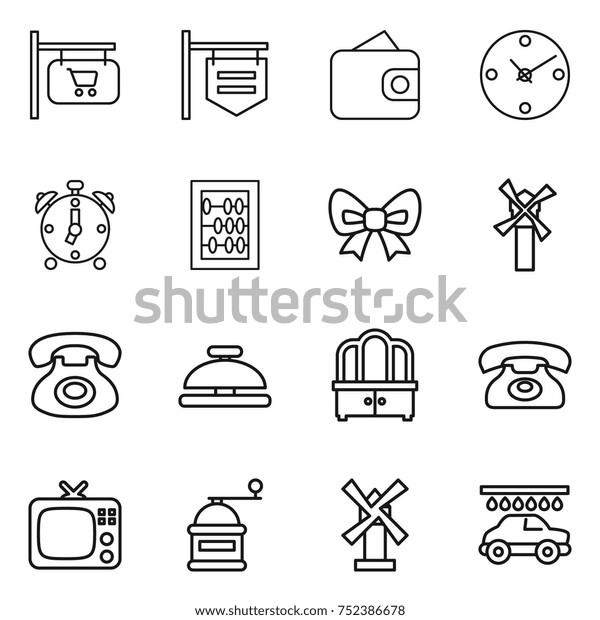 thin line icon set : shop signboard, wallet, clock,\
alarm, abacus, bow, windmill, phone, service bell, dresser, tv,\
hand mill, car wash