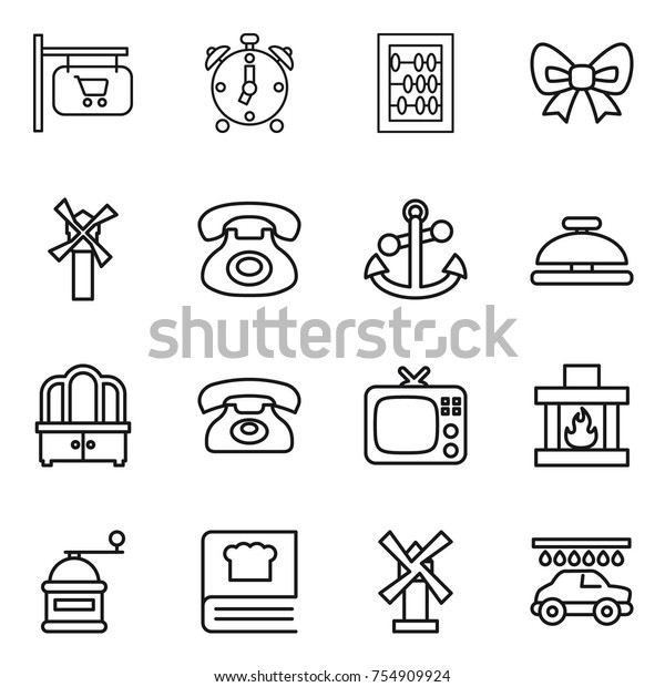 thin line icon set : shop\
signboard, alarm clock, abacus, bow, windmill, phone, anchor,\
service bell, dresser, tv, fireplace, hand mill, cooking book, car\
wash