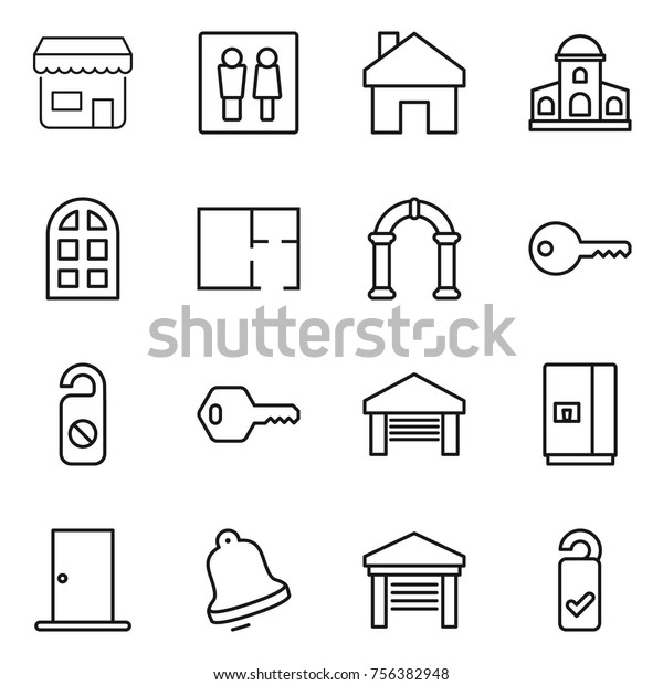 Thin line icon set : shop, wc, home, mansion, arch
window, plan, key, do not distrub, garage, fridge, door, bell,
please clean