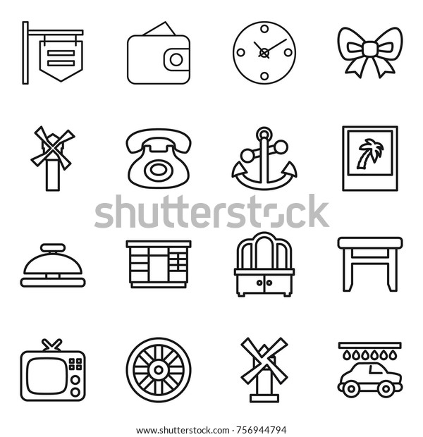 Thin line icon set : shop signboard,\
wallet, clock, bow, windmill, phone, anchor, photo, service bell,\
wardrobe, dresser, stool, tv, wheel, car\
wash