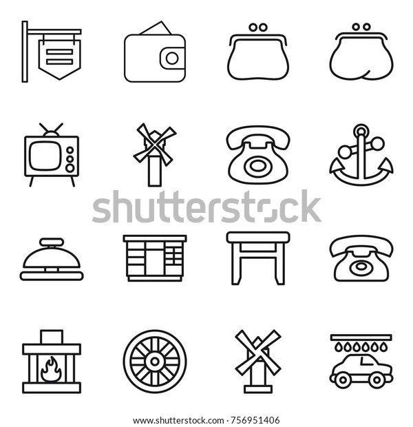 Thin line icon set : shop signboard, wallet, purse,\
tv, windmill, phone, anchor, service bell, wardrobe, stool,\
fireplace, wheel, car\
wash