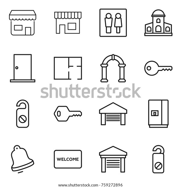 Thin line icon\
set : shop, wc, mansion, door, plan, arch, key, do not distrub,\
garage, fridge, bell, welcome\
mat