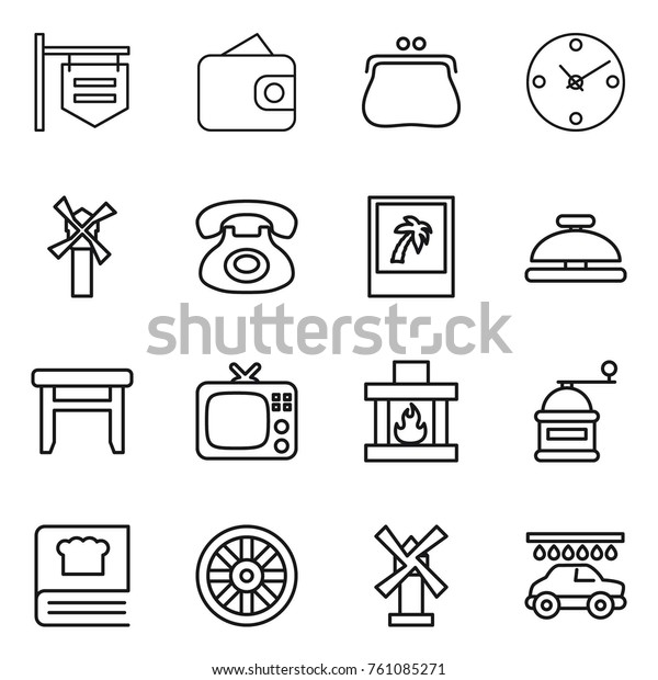 Thin line icon set : shop\
signboard, wallet, purse, clock, windmill, phone, photo, service\
bell, stool, tv, fireplace, hand mill, cooking book, wheel, car\
wash